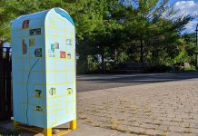 Local artist Bethany LeBlonc recently transformed this needle drop box in Peterborough's Millennium Park into a work of practical public art. Her colourful design also includes a map of social support resources available in downtown Peterborough for people who are disposing of used needles in the box. (Photo: Bruce Head / kawarthaNOW.com)