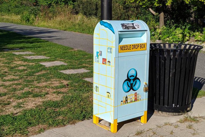 Local artist Bethany LeBlonc's design adorning the eedle drop box in Peterborough's Millennium Park includes a map on the sides and back of social support available in downtown Peterborough. (Photo: Bruce Head / kawarthaNOW.com)