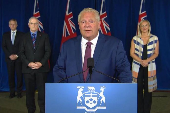 Ontario Premier Doug Ford at a Queen's Park media conference on August 12, 2020 announcing the allocation of $1.6 billion in emergency provincial-federal funding for Ontario's 444 municipalities. (CPAC screenshot)