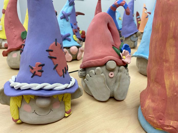 Garden gnomes lined up and ready to go into the kiln at the Art School of Peterborough. These gnomes were made in an online pottery workshop, which have become quite popular. The Art School is offering more online workshops being offered this fall. (Photo courtesy of Art School of Peterborough)