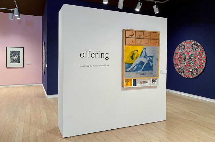 'Offering', on display now at the Art Gallery of Peterborough, is a selection of work from the gallery's permanent collection. Pictured are pieces by Nobuo Kubota, Carl Beam, and Sanaz Minazi hanging in the main gallery. (Photo courtesy of the Art Gallery of Peterborough)