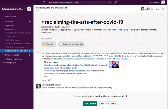 Peterborough Arts Alive on the Slack group chat service offers multiple channels for different topics of interest to the arts community. (Screenshot)