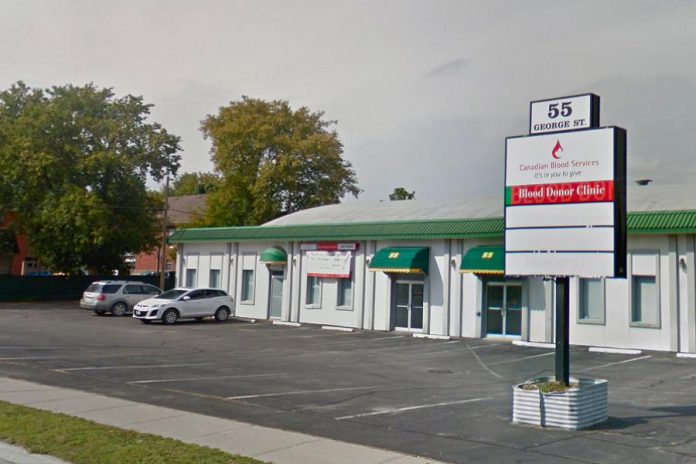 Canadian Blood Services in Peterborough is located at 55 George Street at Perry Street across from Del Crary Park. Due to the pandemic, you must book an appointment in advance at the website, by phone, or by using the Give Blood app. (Photo: Google Maps)