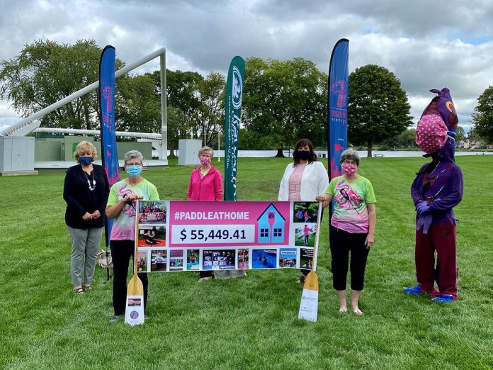 Volunteers from Survivors Abreast and the Peterborough's Dragon Boat Festival organizing committee presented a cheque for $55,449.41 to the Peterborough Regional Health Centre (PRHC) on September 10, 2020 at Del Crary Park in Peterborough. The funds were raised despite the cancellation of the 20th anniversary festival due to the COVID-19 pandemic. (Photo courtesy of PRHC Foundation)