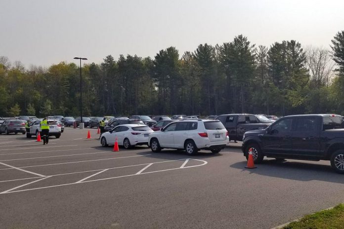 Cars lined up at the drive-through COVID-19 testing centre at Eastgate Memorial Park in Peterborough on September 22, 2020, when 460 people were tested. (Photo: Peterborough Regional Health Centre / Twitter)