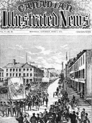 Since the 1880s, Canadians have celebrated Labour Day on the first Monday in September. The origins of Labour Day can be traced to an 1872 march in support of the Toronto Typographical Union's strike for a 58-hour work-week. Pictured is the Nine-Hour League parade in Hamilton on May 15, 1872, when hundreds of workers marched to demand shorter worker hours. The "Nine-Hour Movement" began in Hamilton and then spread to Toronto, where its demands were taken up by the Toronto Typographical Union. (Image: Canadian Illustrated News, available from the Library and Archives of Canada, C-58640)