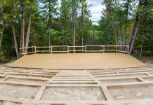 The 420-seat outdoor amphitheatre being constructed at Fenelon Falls fairgrounds will be home to The Grove Theatre, a newly launched professional theatre company that will produce a summer festival of live performance. The amphitheatre will also be used for concerts and other community events. (Photo courtesy of Kawartha Works Community Co-operative)