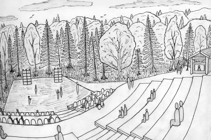 An artist's rendering of the completed outdoor amphitheatre in Fenelon Falls. Although it was planned before the COVID-19 pandemic, the open-air amphitheatre will allow for safe, physically distanced live performances to take place. (Image courtesy of Kawartha Works Community Co-operative)