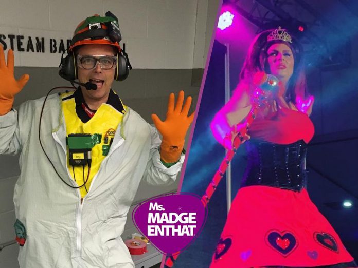 When J.C. Gonder (left) is not performing as Ms. Madge Enthat (right), he works as an employee at Bruce Nuclear Power Generating Station. (Photos: J.C. Gonder / Madge Enthat Enterprises)