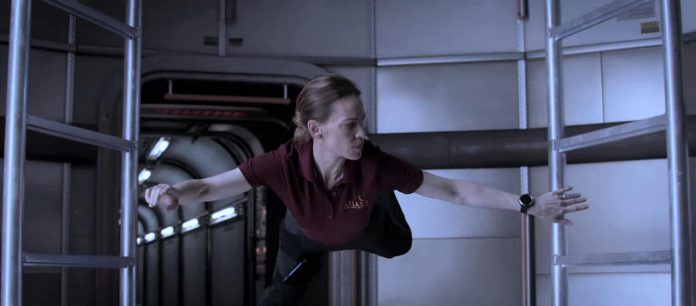 Hilary Swank floating in zero gravity in a scene from 'Vital Signs', the eighth episode of "Away" and one that was written by Port Hope's Chris Jones. (Screenshot)