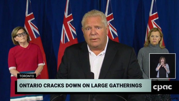 Ontario premier Doug Ford announces the extension of restrictions on unmonitored and private social gatherings to the entire province at a media conference at Queen's Park on September 19, 2020, along with associate chief medical officer of health Dr. Barbara Yaffe and health minister Christine Elliott. (CPAC screenshot)