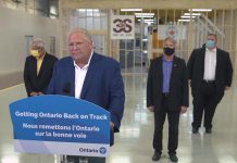 Ontario Premier Doug Ford in Bracebridge on September 4, 2020, responding to a reporter's question about the spike in new COVID-19 cases in Peel Region. (CPAC screenshot)