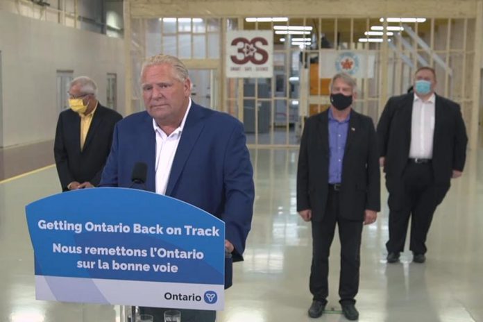 Ontario Premier Doug Ford in Bracebridge on September 4, 2020, responding to a reporter's question about the spike in new COVID-19 cases in Peel Region. (CPAC screenshot)