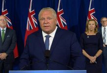 Ontario Premier Doug Ford announces new social gathering restrictions in Toronto, Ottawa, and Peel Region during a media conference at Queen's Park on September 17, 2020, along with municipal affairs and housing minister Steve Clark, health minister Christine Elliott, and chief medical officer of health Dr. David Williams. (CPAC screenshot)
