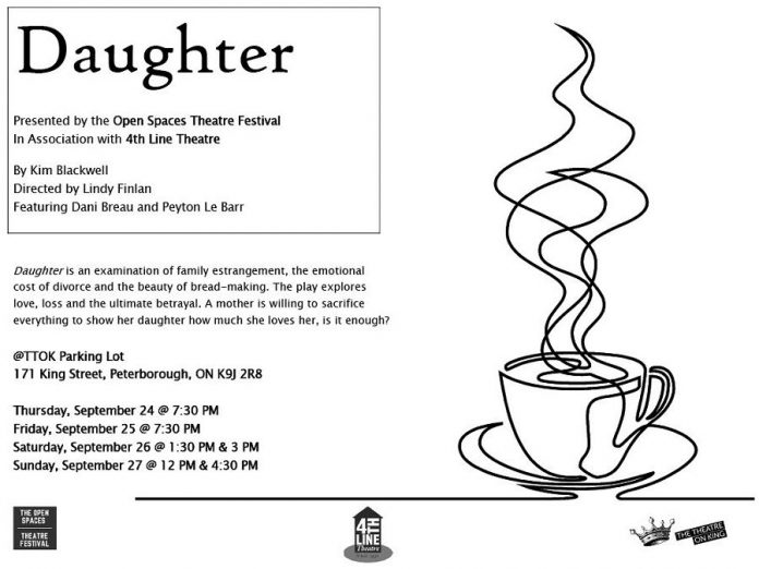 "Daughter", written by Kim Blackwell and directed by Lindy Finlan and featuring Dani Breau and Peyton Le Barr, is one of five live performances that will be staged during the Open Spaces Theatre Festival from September 24 to 27, 2020 in outdoor spaces in downtown Peterborough. (Graphic courtesy of Open Stages Theatre Festival)