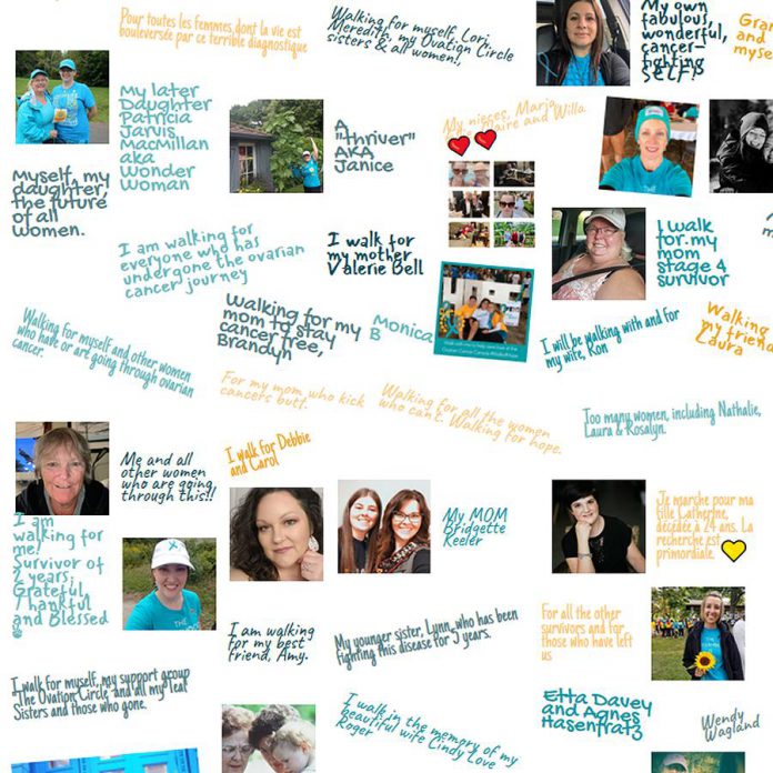 Some of the reasons why people are participating in this year's Ovarian Cancer Walk of Hope on September 13, 2020. Because of the pandemic, there will be no group walk but registered participants will walk around their neigbourhoods in their social circles and there will be a livestreamed event on Facebook. In Peterborough, leading up to the virtual walk on Sunday, there will also be virtual arts workshops, a cupcake sale, and a porch decorating contest. In addition, Paul Plant will be carrying his canoe through downtown Peterborough on Sunday with volunteers collecting donations. (Graphic: Ovarian Cancer Canada)