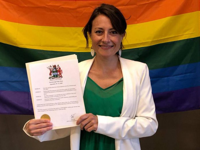 Peterborough Mayor Diane Therrien holding the official proclamation of September 18 to 27, 2020 as Pride Week in the City of Peterborough. The theme for Pride in this pandemic year is "Pride in Other Places." (Photo: Office of the Mayor)