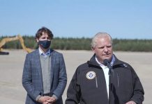 Ontario Premier Doug Ford comments on the 213 new COVID-19 cases reported in the province on September 11, 2020, at a media conference with Prime Minister Justin Trudeau during a groundbreaking ceremony for the Côté Gold Project in Gogama. (Screenshot)