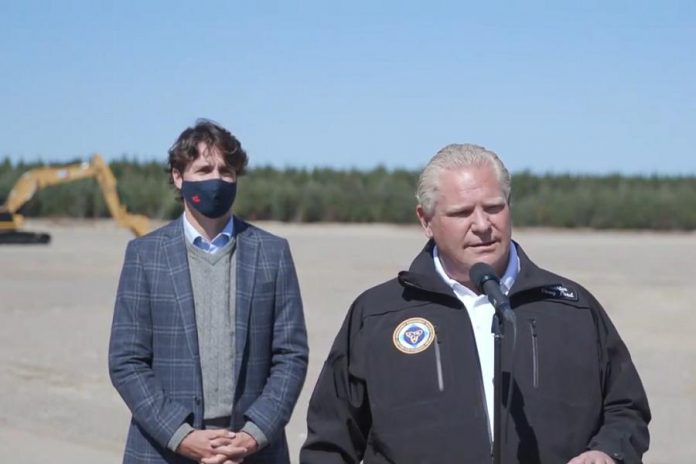 Ontario Premier Doug Ford comments on the 213 new COVID-19 cases reported in the province on September 11, 2020, at a media conference with Prime Minister Justin Trudeau during a groundbreaking ceremony for the Côté Gold Project in Gogama. (Screenshot)