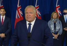 Ontario Premier Doug Ford comments on the 313 new COVID-19 cases reported in the province on September 14, 2020, at a media conference at Queen's Park with education minister Stephen Lecce, health minister Christine Elliott, and finance minister Rod Phillips. (CPAC screenshot)