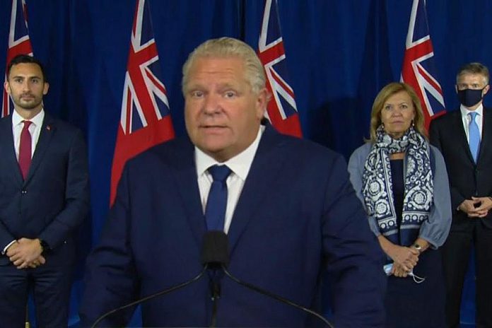Ontario Premier Doug Ford comments on the 313 new COVID-19 cases reported in the province on September 14, 2020, at a media conference at Queen's Park with education minister Stephen Lecce, health minister Christine Elliott, and finance minister Rod Phillips. (CPAC screenshot)