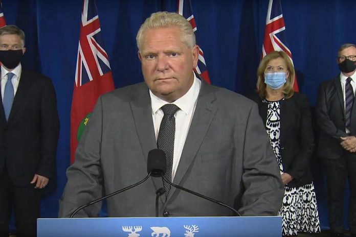 Ontario Premier Doug Ford at a media conference at Queen's Park on September 28, 2020 when he confirmed Ontario is experiencing a second wave of COVID-19, with a single-day record of 700 cases reported. Ford, along with with health minister Christine Elliott, finance minister Rob Phillips, and Ontario's chief medical officer of health Dr. David Williams, announced the government will be spending $52.5 million to recruit, retain, and support over 3,700 more frontline health care workers and caregivers to ensure the health care system can meet any surge in demand. (CPAC screenshot)