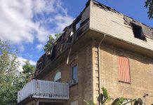 Around 30 residents of TVM Mansions at Hunter Street West and Park Street North in Peterborough have been displaced by an early morning fire on September 20, 2020. A 35-year-old Peterborough woman has been charged with arson and attempted murder in relation to the fire. (Photo: Steve Wilson, Assistant Deputy Fire Marshal, Ministry of the Solicitor General / Twitter)