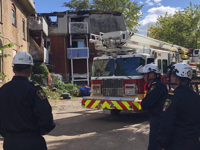 An investigative team from the Ontario Fire Marshal has arrived in Peterborough to assist the Peterborough Police Service and Peterborough Fire Services to determine the origin, cause, and circumstances of an early morning fire on September 20, 2020 at TVM Mansions on Hunter Street West in Peterborough. Police have arrested and charged 35-year-old Kristina Saunders with arson and attempted murder in relation to the fire. (Photo: Steve Wilson, Assistant Deputy Fire Marshal, Ministry of the Solicitor General / Twitter)