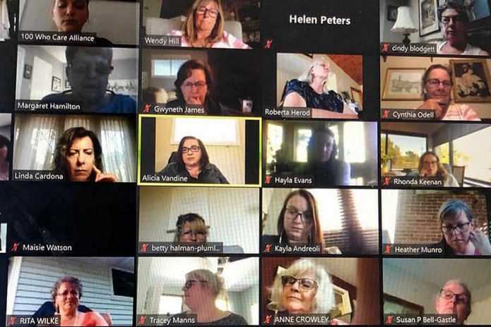 Some of the members of 100 Women Peterborough participating in a Zoom call on October 13, 2020, when they voted to donate member-raised funds to Kawartha Sexual Assault Centre in Peterborough. (Photo courtesy of 100 Women Peterborough)