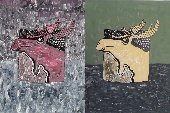 Two moose paintings by artist Joe Stable, on display at ACME Art and Sailboat Company during First Friday Peterborough. Moose t-shirts are also available. (Photos courtesy of Joe Stable)
