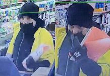 Security camera footage of a suspect in two robbery attempts at convenience stores in Gravenhurst. The same man is believed to be responsible for two robberies at ATMs in Coboconk and Orillia, where he brandished a conducted energy weapon and demanded cash. (Police-supplied photos)