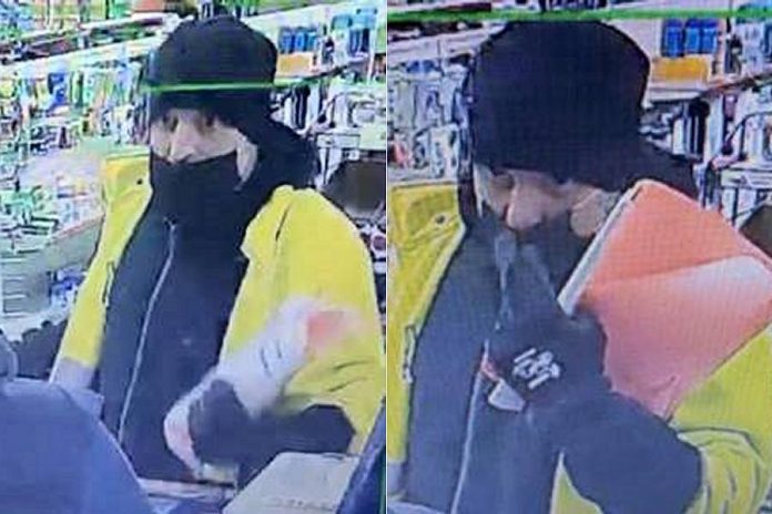 Security camera footage of a suspect in two robbery attempts at convenience stores in Gravenhurst. The same man is believed to be responsible for two robberies at ATMs in Coboconk and Orillia, where he brandished a conducted energy weapon and demanded cash. (Police-supplied photos)