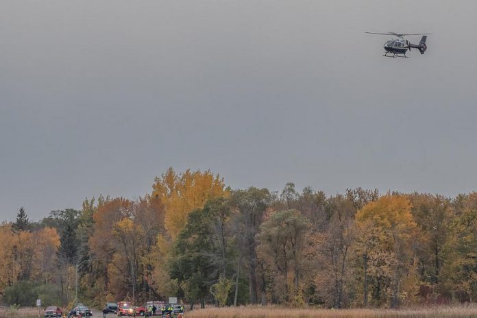 An OPP helicopter searching for a missing male after a boating accident on Chemong Lake off the shores of Curve Lake First Nation on October 18, 2020.  (Photo courtesy of Maris Lubbock)