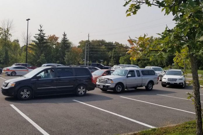 Line-ups of cars at the Eastgate Memorial Park COVID-19 drive-through testing site in Peterborough will be a thing of the past as of October 9, 2020. All testing will be by appointment only, and only people who meet the province's eligibility crieria for a COVID-19 test will be allowed to get one. (Photo: Peterborough Regional Health Centre / Facebook)