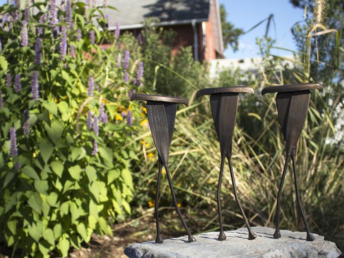 A maquette of "Portage", a bronze work by Madoc artist James C. Smith, in the Rain Garden south of Maryboro Lodge (home of the Fenelon Museum) in Fenelon Falls. The final sculpture, to be installed in the Rain Garden, is an homage to the location's history as a portage and gathering area of First Nations peoples. It features three life-sized bronze canoe paddle figures participating in a portage. (Photo courtesy of Fenelon Arts Committee)