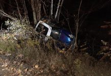 Police released this photo of a single-vehicle collision on Glamorgan Road in Haliburton County on October 16, 2020. 44-year-old Jeffrey Teatro of Haliburton later died in hospital from injuries he sustained in the collision. (OPP-supplied photo)