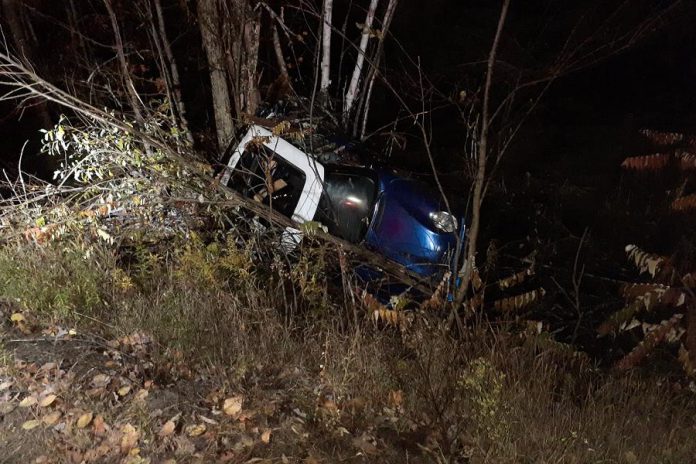 Police released this photo of a single-vehicle collision on Glamorgan Road in Haliburton County on October 16, 2020. 44-year-old Jeffrey Teatro of Haliburton later died in hospital from injuries he sustained in the collision. (OPP-supplied photo)