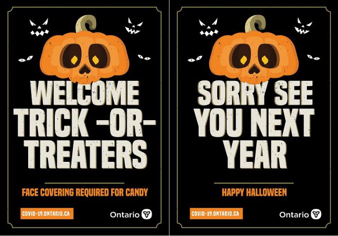 The Ontario government has provided these posters so people can let their neighbours know whether they are participating in Halloween this year. If you do want to give out treats, Ontario's chief medical officer of health Dr. David Williams recommends handing them out with tongs or similar tools rather than leaving them in a in a bucket or bowl for children to grab, which could spread the virus. (Posters: Ontario government)