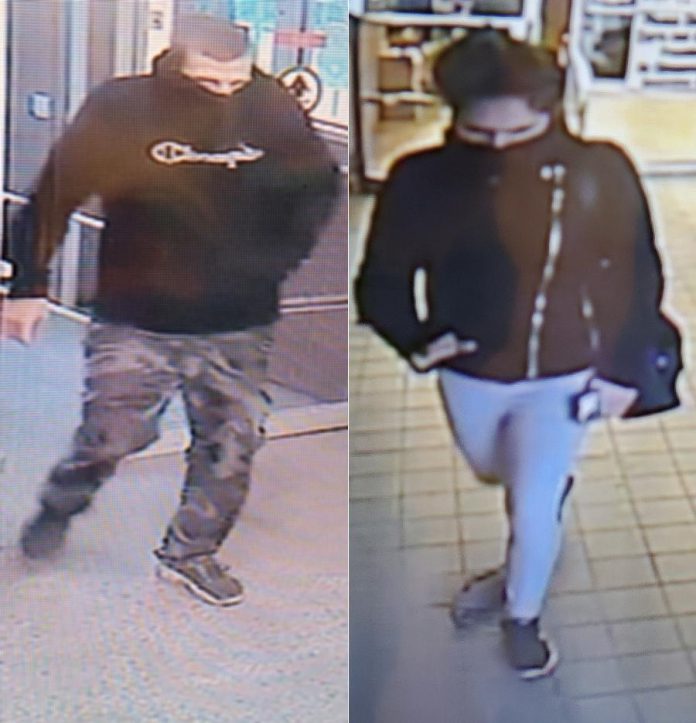 This man and woman are wanted in a theft from a William Street grocery store in Lindsay that left an employee with minor injuries. (Police-supplied photos)