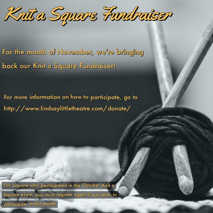 Another one of Lindsay Little Theatre's fundraisers, "Knit a Square", also benefits the Humane Society of Kawartha Lakes. Knitters raise pledges to knit small squares, and the squares are stitched together to make small blankets for the animals at the shelter. (Graphic: Lindsay Little Theatre)