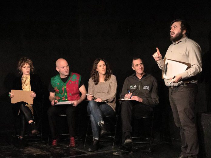 The LLAADS improv and sketch comedy troupe during a pre-pandemic performance at The Theatre on King in downtown Peterborough: a concerned Sarah McNeilly, an incredulous Dan Smith, a napping Lindsay Unterlander, a bemused Luke Foster, a pontificating Adam Martignetti, and a missing Adam Wilkinson.  (Photo: Eryn Lidster)