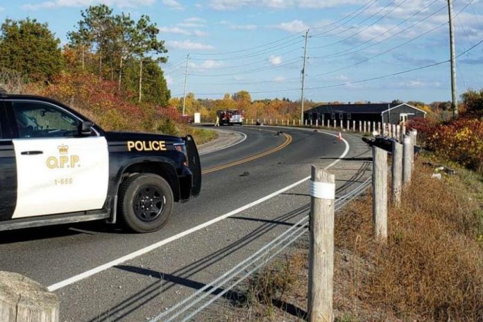 Wreckage on County Road 2 west of Colborne after two motorcycles collided on October 23, 2020. One person died and another one was critically injured as a result of the collision. (Photo: OPP)