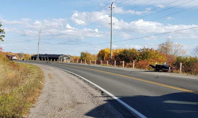 Wreckage on County Road 2 west of Colborne after two motorcycles collided on October 23, 2020. One person died and another one was critically injured as a result of the collision. (Photo: OPP)