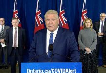 Ontario Premier Doug Ford at a media conference on October 2, 2020 at Queen's Park, along with Ontario's chief medical officer of health Dr. David Williams, Ontario Health president and CEO Matthew Anderson, health minister Christine Elliott, and Ontario's chief coroner and COVID-19 testing lead Dr. Dirk Huyer, where the government announced additional public health restrictions and new testing measures. (CPAC screenshot)
