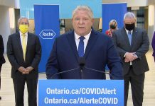 Ontario Premier Doug Ford announcing York Region will move into a modified Stage 2 during a media conference at Roche Canada in Mississauga on October 16, 2020. (CPAC screenshot)