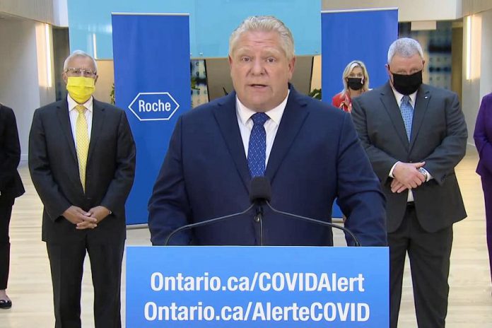 Ontario Premier Doug Ford announcing York Region will move into a modified Stage 2 during a media conference at Roche Canada in Mississauga on October 16, 2020. (CPAC screenshot)