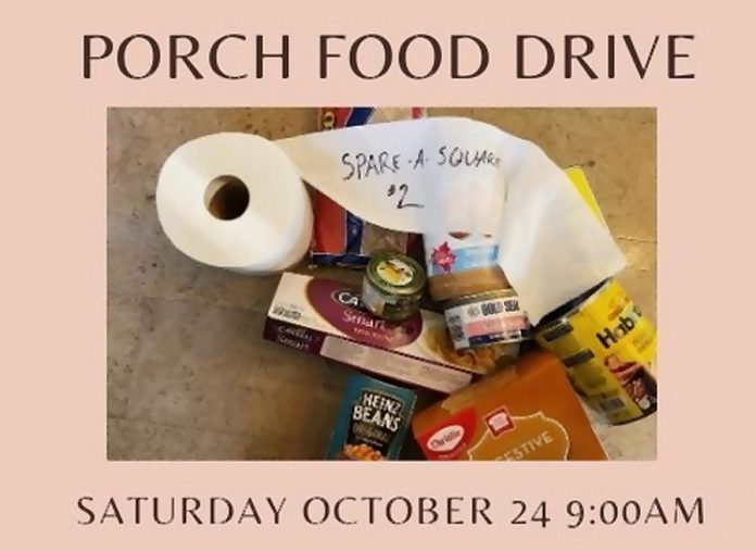 The COVID-safe "Spare A Square #2" takes place on October 24, 2020 in Peterborough. Residents are asked to leave a bag of non-perishable food items on their front porch by 9 a.m. and volunteers will come by to pick up the donations. (Graphic: Megan Murphy)