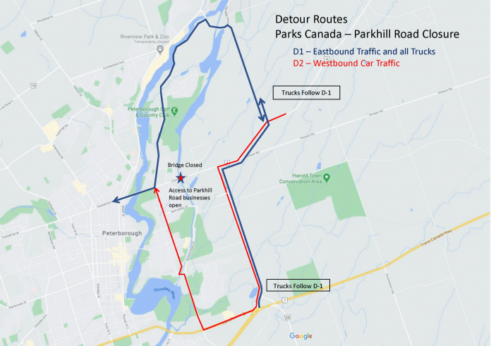 The detour routes for the closure of the Warsaw Swing Bridge in Peterborough, effective October 5, 2020 until spring 2021. (Map: City of Peterborough)