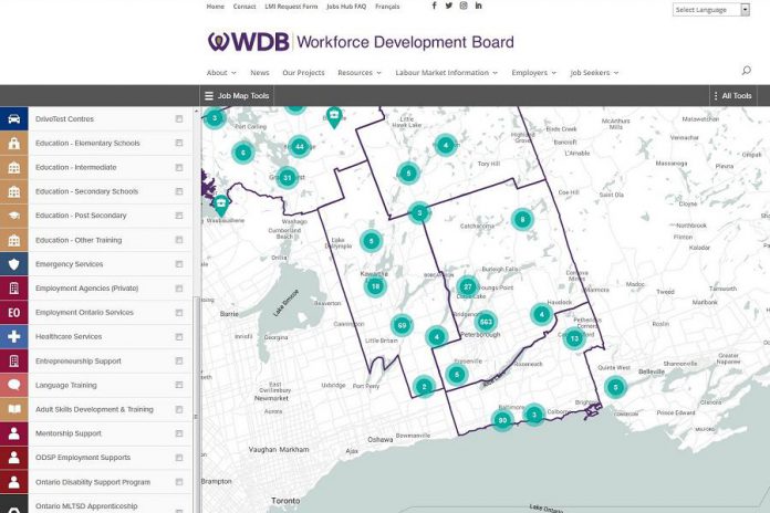 The Workforce Development Board's Local Jobs Hub includes an interactive regional map that shows the number of local job listings in different communities, and allows job hunters to cross reference job postings nearby bus routes, cycle routes, schools, childcare centres, and more. The online map is mobile-friendly, so you can use it on laptop or your phone. (Screenshot)