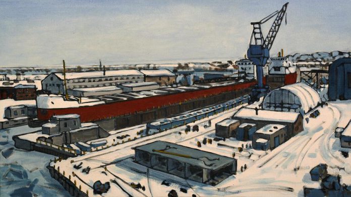 A painting depicting the Port Weller Dry Docks in winter, from Peer Christensen's 'Port Weller Dry Dock Series'. (Photo courtesy of the artist)
